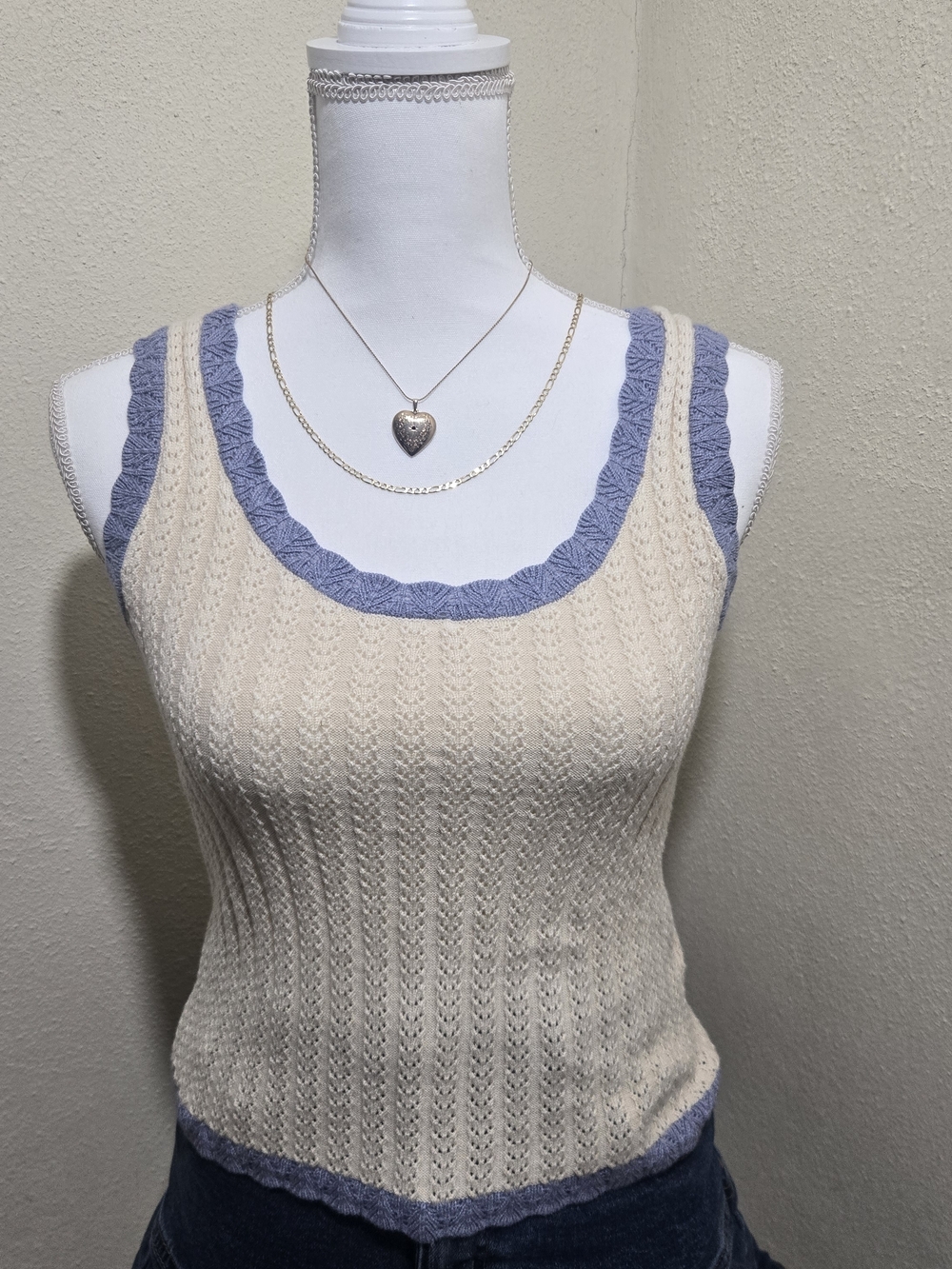 Cream Knit Tank with Blue Trim - Women's Sleeveless Top